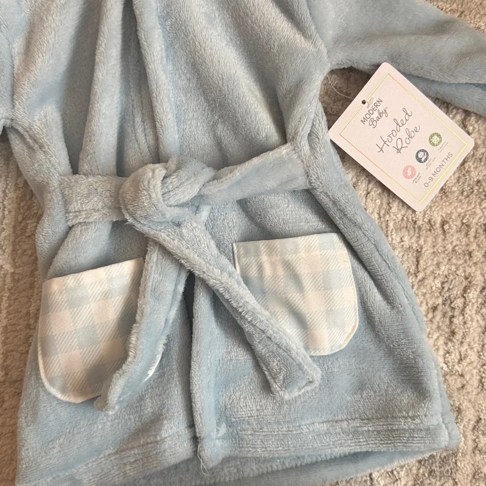 NWT Plush Blue Hooded Kids Bathrobe with Ears and Belt